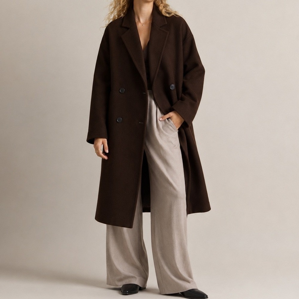 Quince Italian Wool Double Breasted Coat Melton Travel Dark Chocolate Large NWT